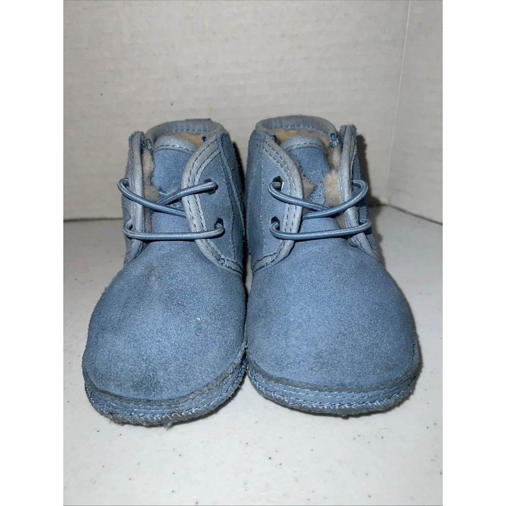 UGG Suede Blue Baby Booties Neumel Fleece Lined Easy On Off Toddler Size 4/5
